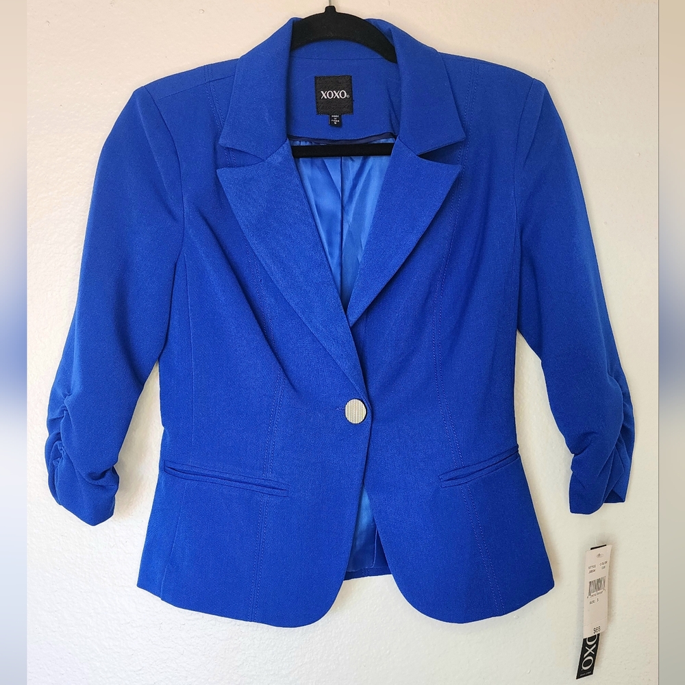 XOXO Blue Ruched-Sleeve Blazer with Notched Lapel NWT Size: S